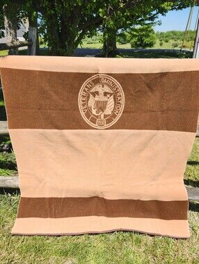 Vintage Veterans Administration Wool Blanket Brown Tan Militaria 44x70 inch